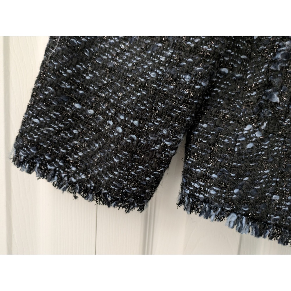 Talbots Petites Blazer Jacket Fringe Trim Sz 14P Black Blue Metallic Pockets - Picture 5 of 8